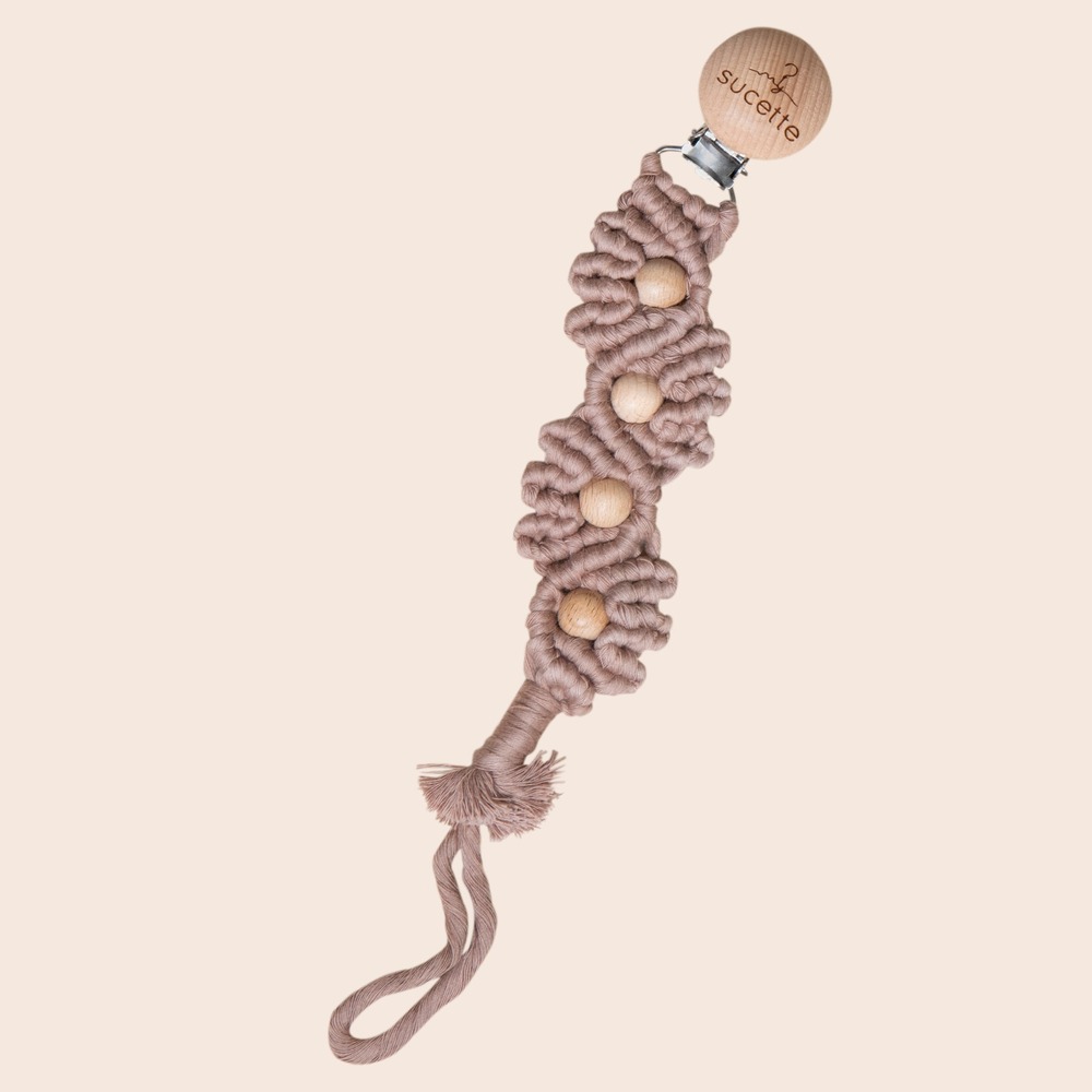 Sucette Macrame Pacifier Clip Boho Woven Cotton Wooden Beads Mauve Taupe